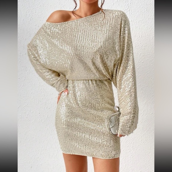 Cream sequins long sleeve mini dress holiday party - Picture 6 of 6